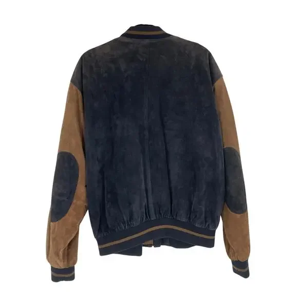 Round tree & York Vintage 90s Y2K Leather Bomber Varsity Black Brown Elbow Patch